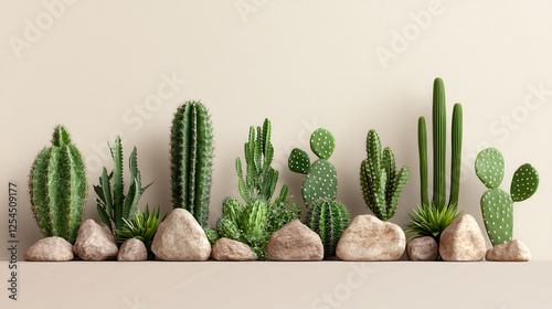 Realistic cacti cluster with various shapes and sizes, surrounded by stones, creating natural desert aesthetic. Perfect for home decor or botanical themes photo