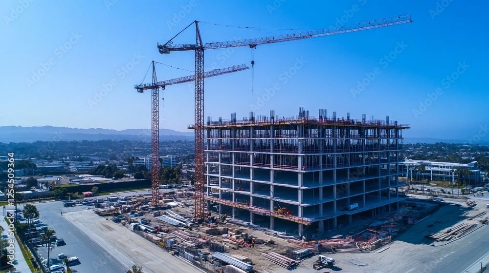 Fototapeta premium Aerial View of a Construction Site with Cranes and Unfinished Building Under Blue Sky