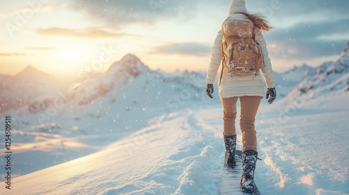 Woman hiking snowy mountain at sunset.