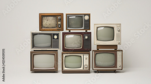 Vintage televisions stacked in creative arrangement, showcasing various designs and colors. This nostalgic display evokes memories of classic entertainment