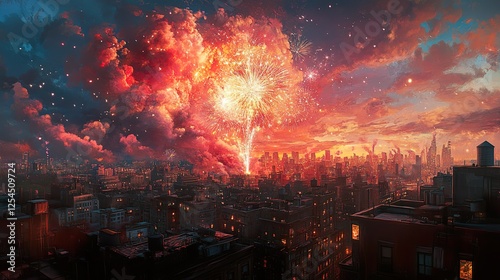 Cityscape Fireworks Display at Sunset Over Urban Skyline