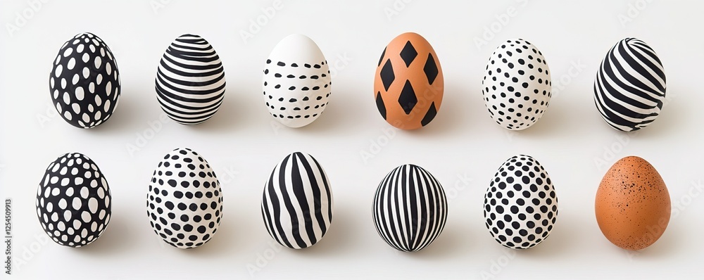 A collection of decorative easter eggs featuring unique black and white patterns, alongside an orange egg, arranged in a neat row on a white surface. A collection of decorative easter eggs featuring unique black and white patterns, alongside an orange egg, arranged in a neat row on a white surface.