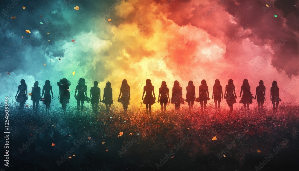 Pride Month Diverse Group United in Rainbow Sky Setting Pride Month Diverse Group United in Rainbow Sky Setting