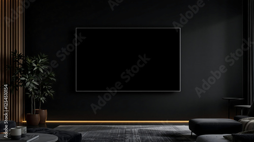 Modern living room with a large, blank black screen (TV or display) mounted on a dark wall. Includes a plant and seating. Use for mockups, showcasing media, or interior design. Minimalist and stylish.