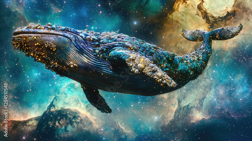 A majestic whale swimming through a vibrant cosmic landscape filled with stars and galaxies