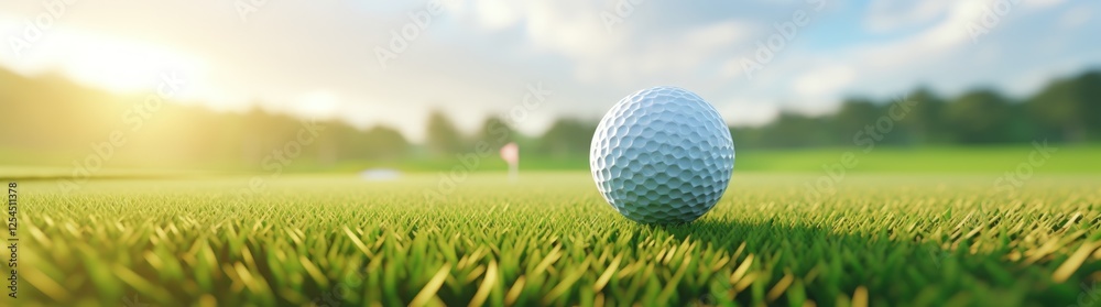 Closeup a white golf ball on green golf course with sunlight. AI generated image Closeup a white golf ball on green golf course with sunlight. AI generated image