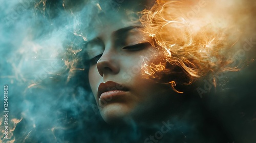 Abstract portrait of a woman with fire and smoke