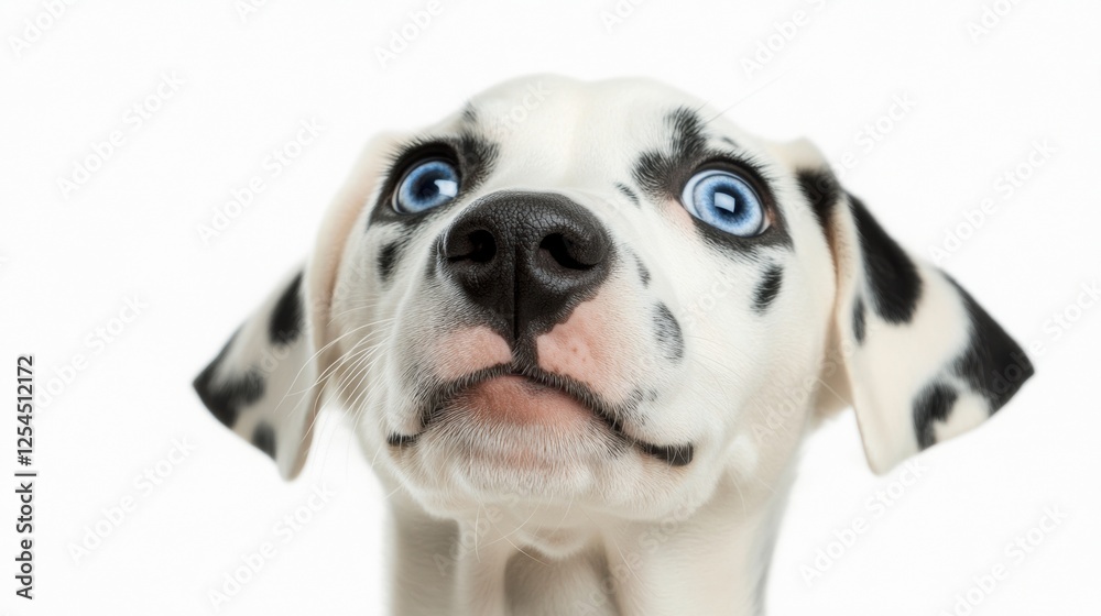 Close-Up Portrait of a Cute Dalmatian Puppy with Striking Blue Eyes Against a White Background Close-Up Portrait of a Cute Dalmatian Puppy with Striking Blue Eyes Against a White Background
