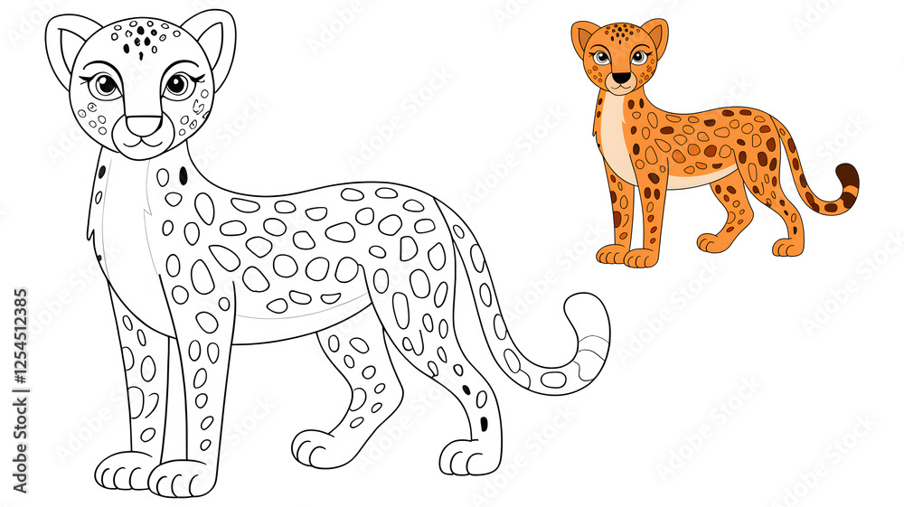 Fototapeta premium Cheetah coloring page with a colored example in cartoon style for kids' activities, wildlife learning books, and creative fun, isolated on a white background sheet.