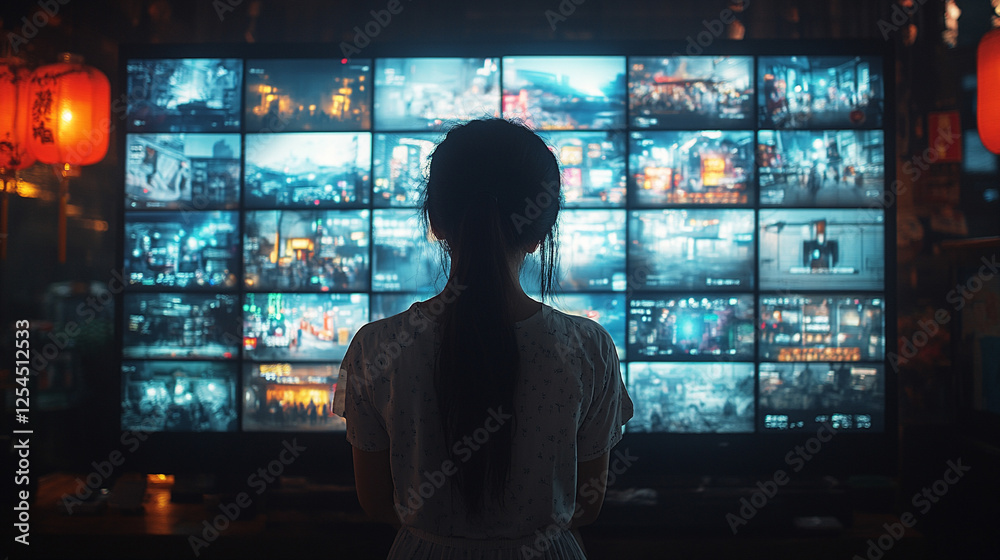 A woman gazes at a social media interface, with blurred, empty background, representing the chaos of digital interaction and the void of connection in a modern, fast-paced world A woman gazes at a social media interface, with blurred, empty background, representing the chaos of digital interaction and the void of connection in a modern, fast-paced world
