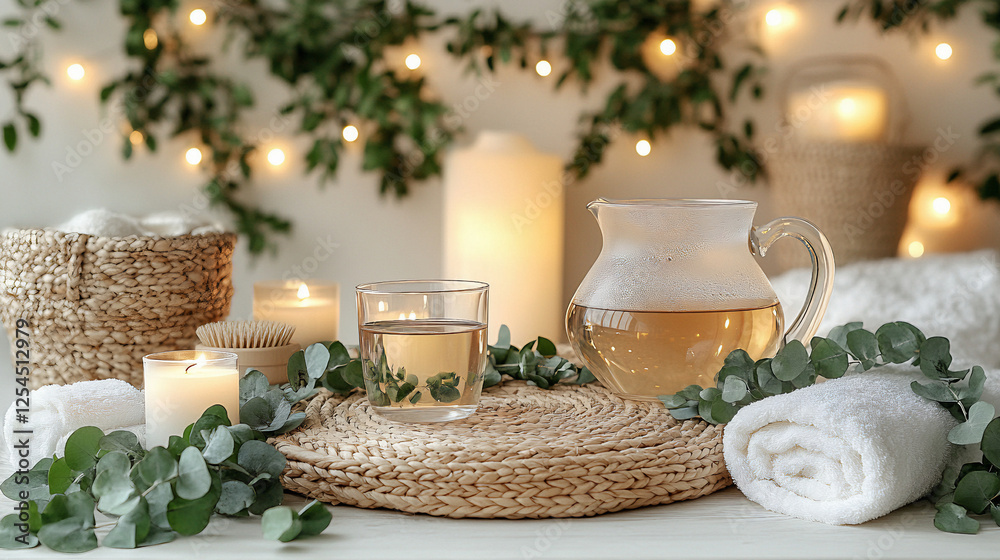 An elegant candlelit table decorated with glassware and festive greenery. An elegant candlelit table decorated with glassware and festive greenery.