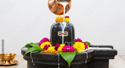 offering puja to Shivlinga or Shivlingam, Jalabhishek Rudrabhishek of Lord Shiva, with water, milk, Ganges water, Hindu religion festival maha shivratri concept 