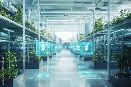 Serene logistics center displays blockchain holograms for better product traceability.