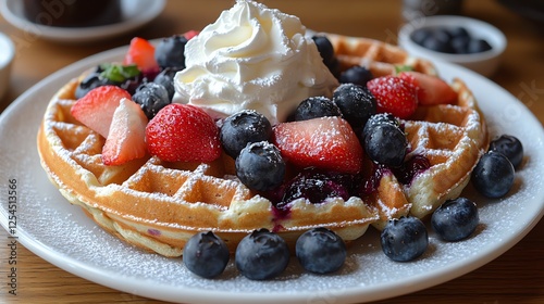 Delicious golden waffles topped with fresh strawberries, blueberries, and whipped cream, served on a plate. Perfect for breakfast or brunch, ideal for food lovers. photo