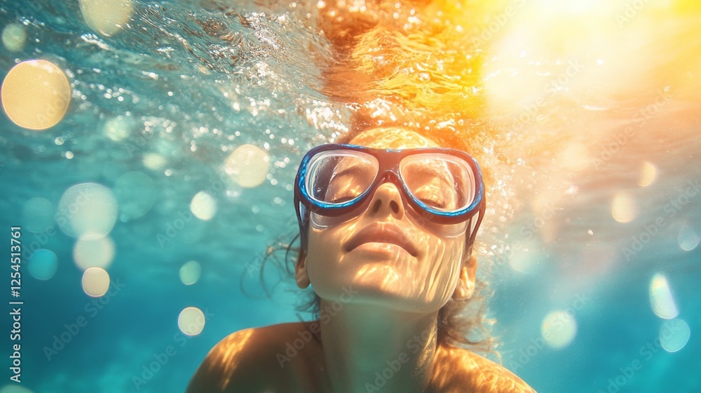 Fototapeta premium Woman underwater with goggles, looking up to the surface. Summer, freedom, underwater, relaxation