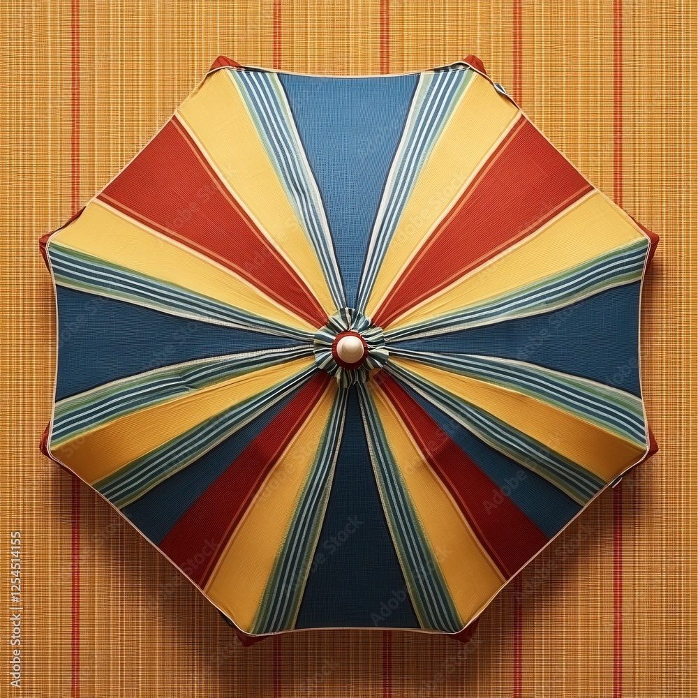 Fototapeta premium Colorful striped umbrella on a woven mat with a radial pattern and a central button detail
