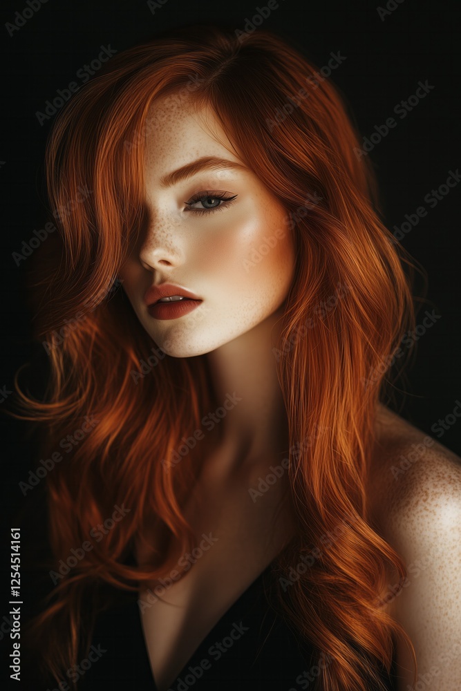 Portrait of a stunning model with long, wavy, red hair and freckles posing on a dark background Portrait of a stunning model with long, wavy, red hair and freckles posing on a dark background