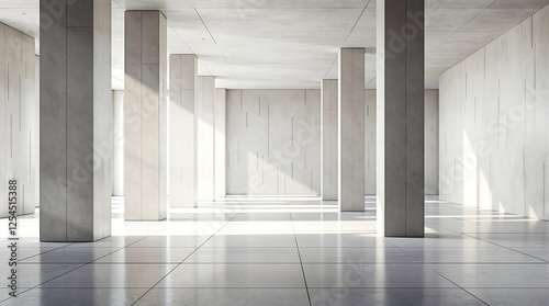 Empty, modern hallway with concrete walls and pillars, and a polished floor reflecting light. Conveys minimalism, architectural design, and a sense of spaciousness. Use for backgrounds or concepts.

