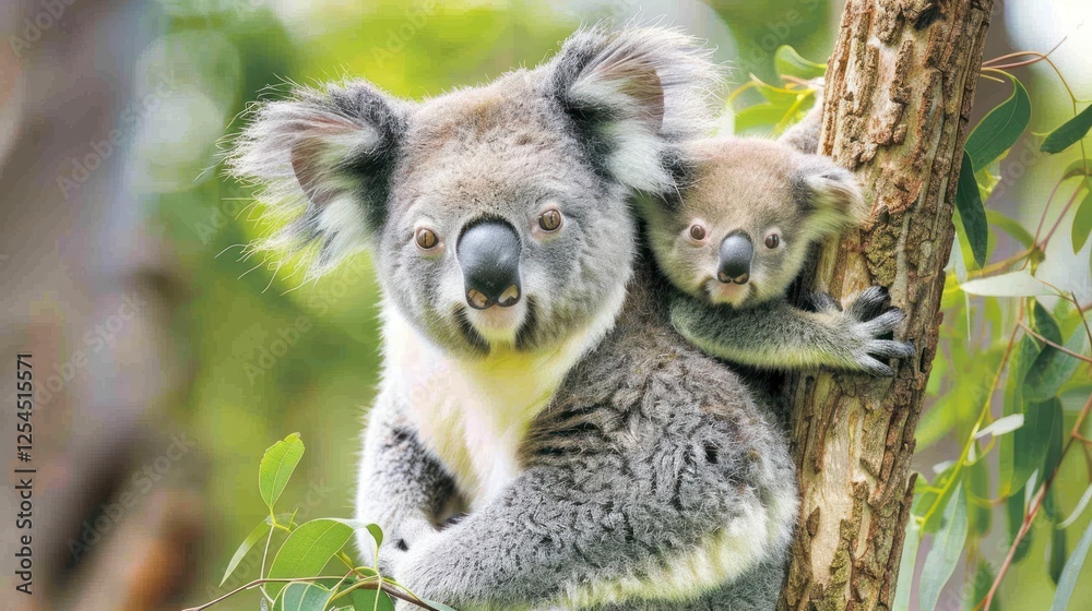 Obraz premium Portrait lovely mother koala with baby hug on her back sitting on tree branch. AI generated image