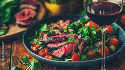 Gourmet Seared Steak with Vegetables and Red Wine: Fine Dining Experience