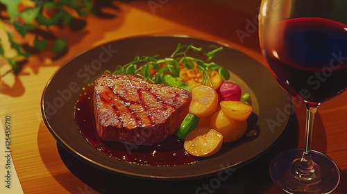 Gourmet Seared Steak with Vegetables and Red Wine: Fine Dining Experience