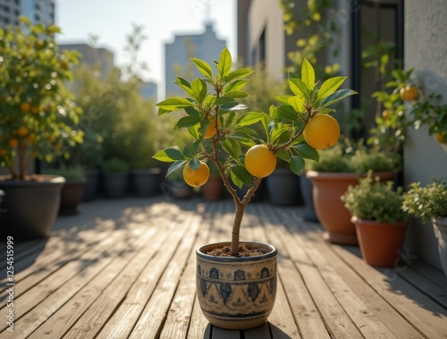 Wallpaper Mural Lemon tree in a ceramic pot on a wooden deck, part of a cozy rooftop garden during the afternoon, sunlight highlighting the leaves. Torontodigital.ca