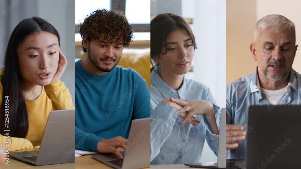A diverse group of four individuals participates in online learning sessions at home during the afternoon, each focused on their individual laptops while seated at different tables.