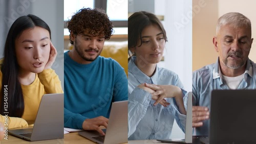 A diverse group of four individuals participates in online learning sessions at home during the afternoon, each focused on their individual laptops while seated at different tables.