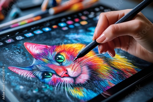 Artist drawing colorful cat portrait on digital tablet