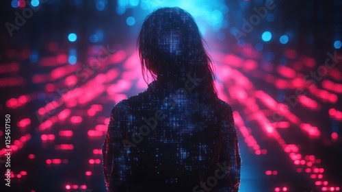 Woman's back, glowing digital particles, futuristic neon lights.