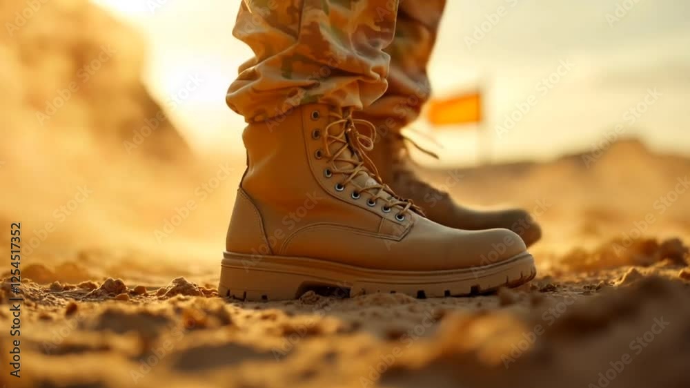 Close-up of soldier’s boots standing on dusty ground with blurred flag in the background. Military service and patriotism concept  
