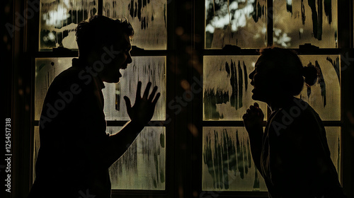 Silhouette of a couple arguing behind frosted glass. photo