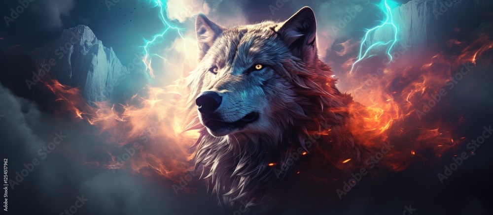 Fototapeta premium Fantasy a powerful Wolf animal wildlife in dramatic background. AI generated image