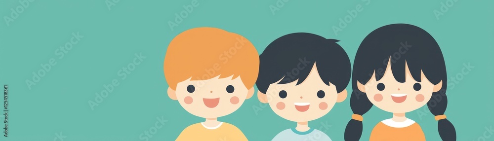 Happy kids smiling together, green background, friendship, website banner Happy kids smiling together, green background, friendship, website banner