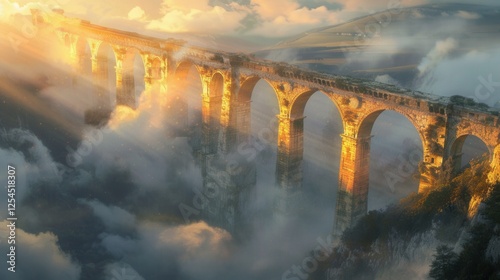Golden sunrise kisses ancient stone arches, a majestic bridge above misty valleys and soft clouds.