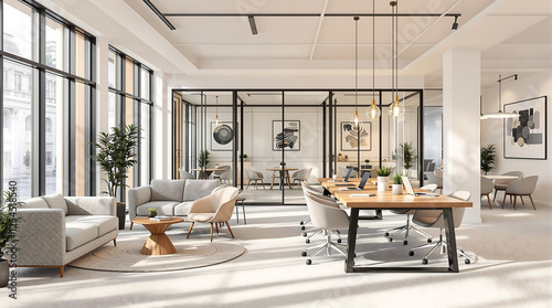 Modern, open-plan office interior with a variety of workspaces, including desks, lounge areas, and meeting spaces. Ideal for depicting contemporary work environments, collaboration, and office design.