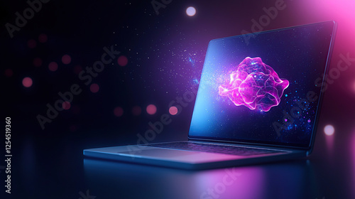 laptop with glowing digital brain on screen symbolizes advanced AI technology in futuristic setting. vibrant colors and abstract design highlight innovation and digital transformation
