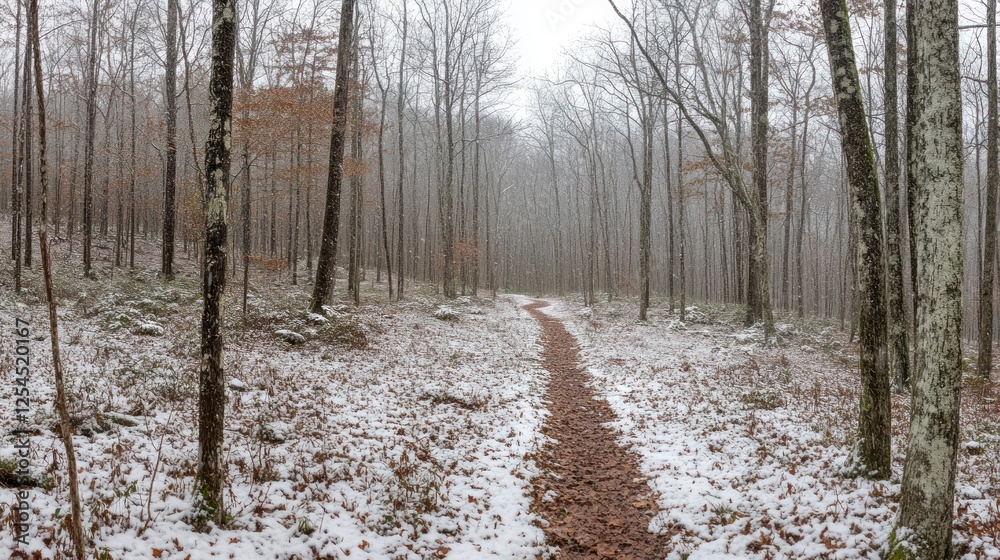 Snowy trail winding through misty winter forest Snowy trail winding through misty winter forest