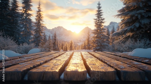 Wooden planks in snowy forest at sunset, mountains in background.