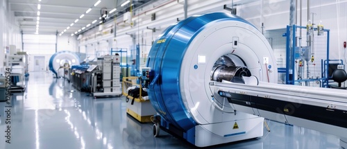 High-field strength MRI magnet installation setup technical facility industrial medical equipment precise placement for medical advances.