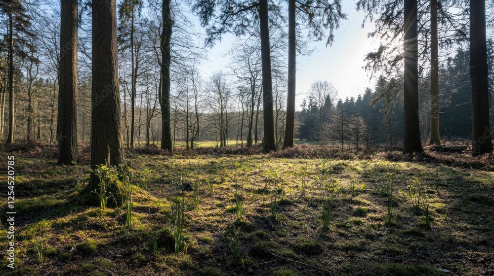 Obraz premium Sunlit Spring Forest Glade, Woodland, Sunlight, Nature