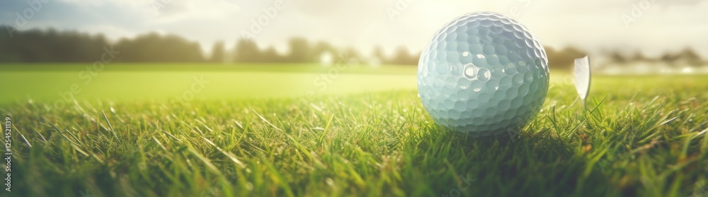 Closeup a white golf ball on green golf course with sunlight. AI generated image Closeup a white golf ball on green golf course with sunlight. AI generated image