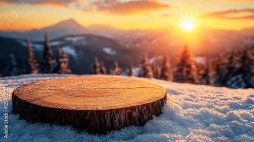 Wooden slice on snowy mountain peak at sunset.