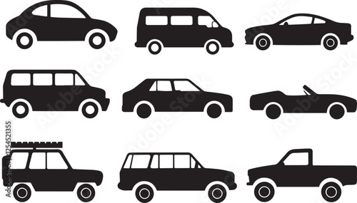 Various Car Front and Side Views in Outline Style
