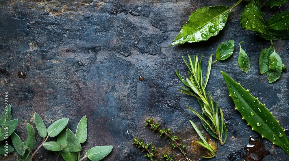 Fresh herbs, dark stone background, water droplets, website banner Fresh herbs, dark stone background, water droplets, website banner