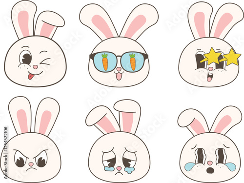 Retro Rabbit Bunny Emoji. Cute easter bunnies head emoticons.