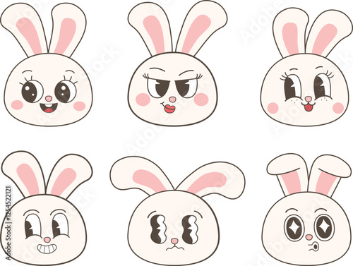 Retro Rabbit Bunny Emoji. Cute easter bunnies head emoticons.