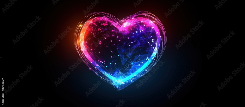 Low poly Polygonal glowing holographic digital heart wireframe shaped. AI generated image Low poly Polygonal glowing holographic digital heart wireframe shaped. AI generated image