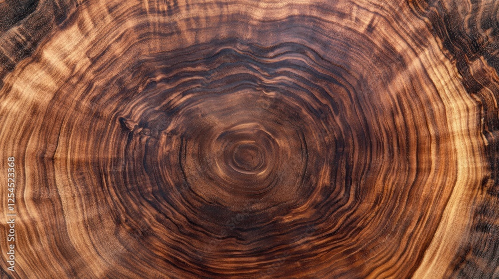 Fototapeta premium Dark wood cross-section, growth rings, detailed texture, studio shot, background blur, design element