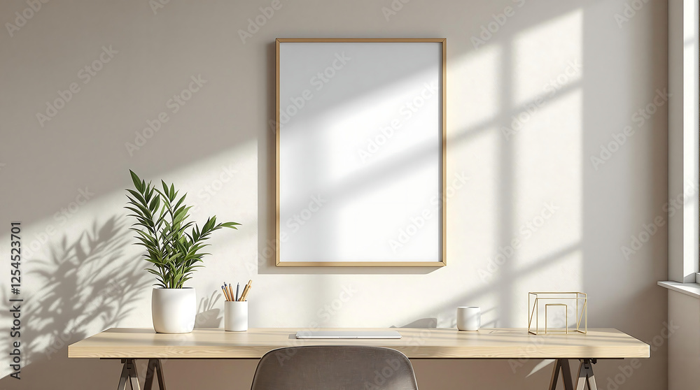 Home office scene with a desk, chair, a blank framed poster (or mirror), and a plant. Sunlight and shadows create a bright, inviting atmosphere. Use for mockups, interior design, or work-from-home vis